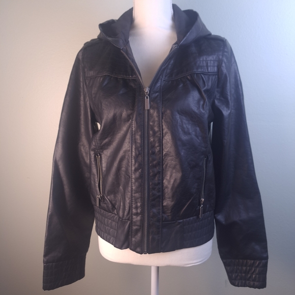 Paris Blues Jackets & Blazers - Paris Blues Black Faux Leather Jacket with hoodie Women's Size Large